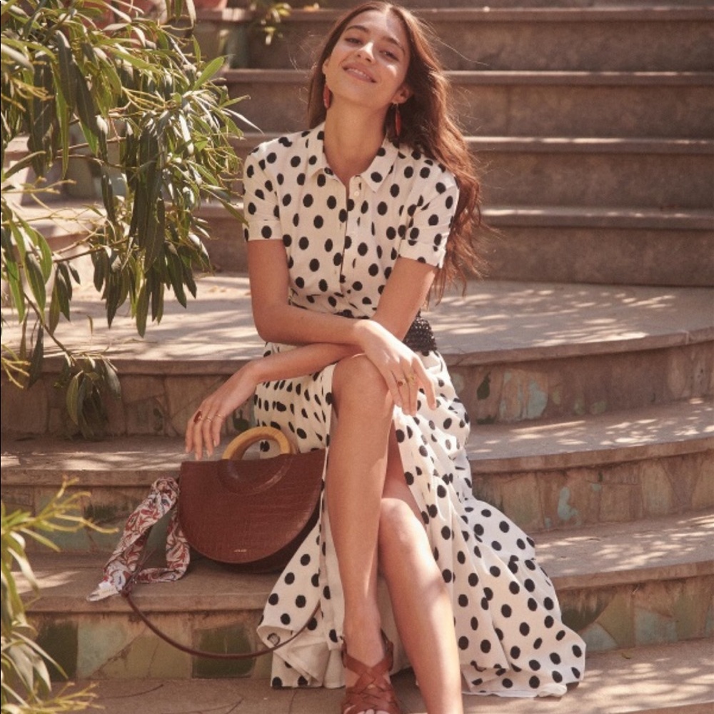 Sezane White Maxi Dress with Black Polka Dots